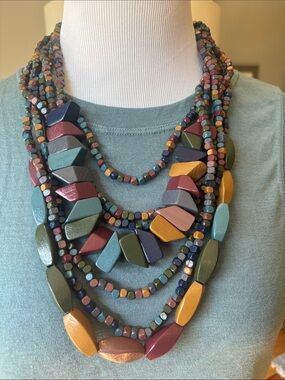 Multi-strand Wooden Beaded Neckace with stretchy Wooden Bracelet